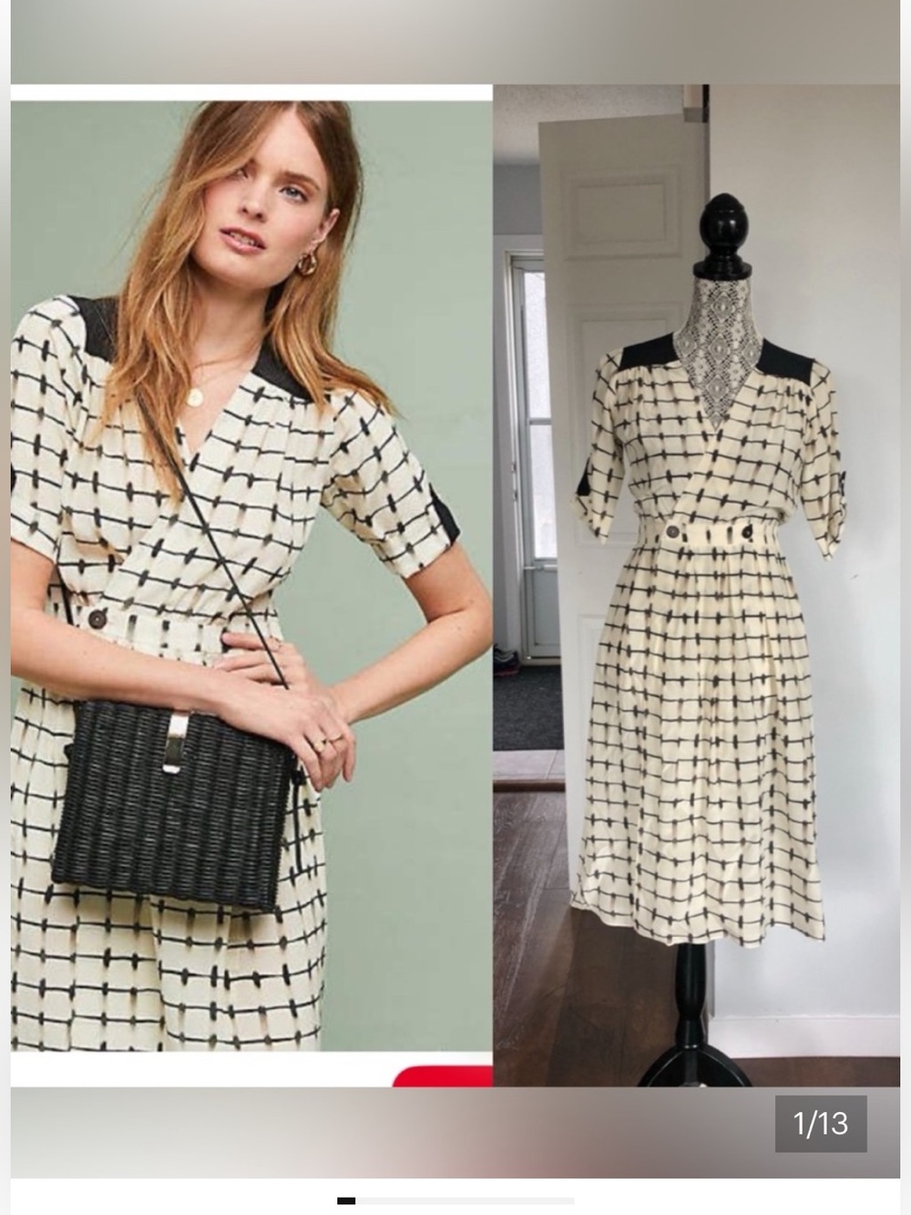 NWT Anthropologie 100% SILK Grid Print Midi Dress. Pockets. Size 0. Made in USA.